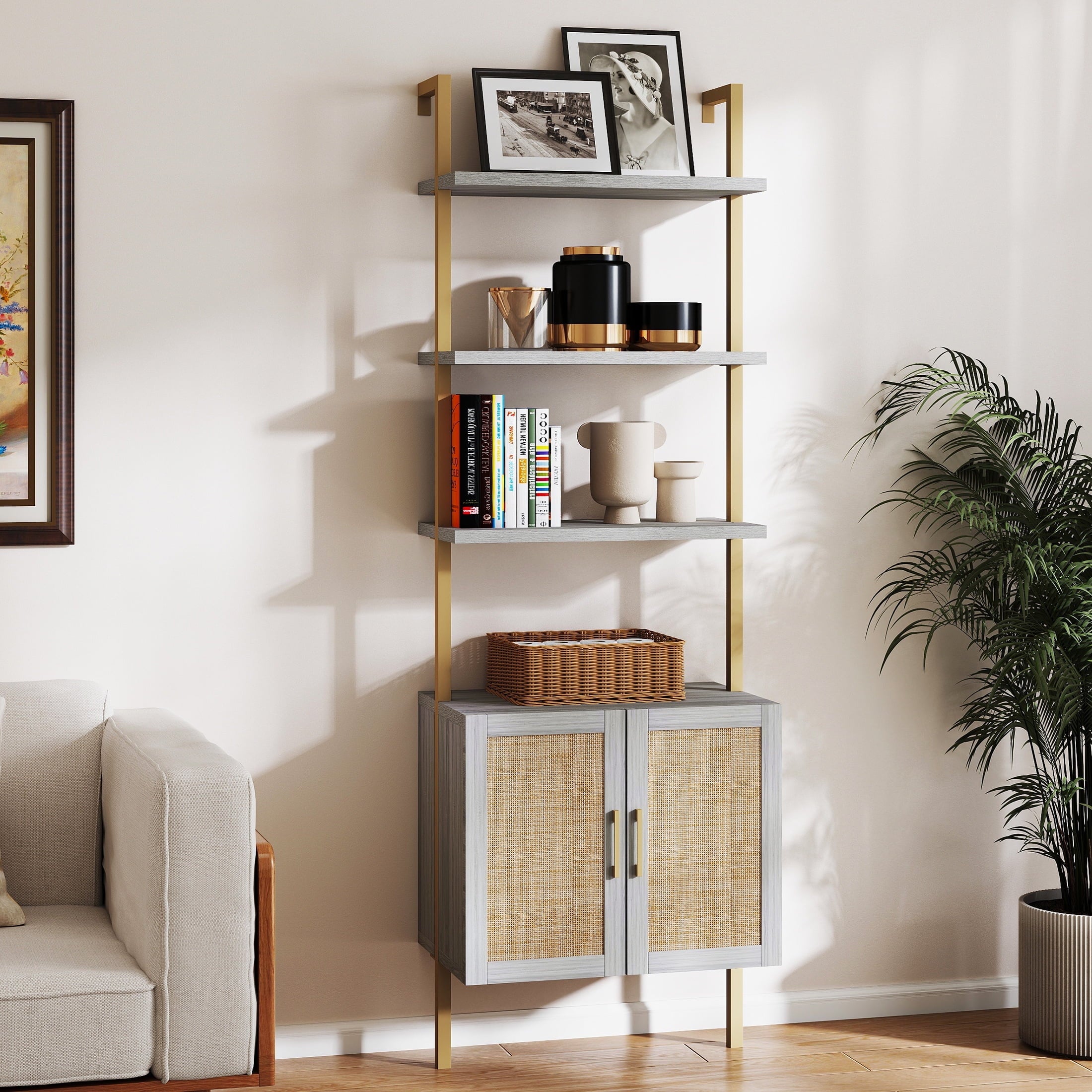 ARKANTOS Ladder Bookshelf 5 Tier Adjustable Shelf Rattan Cabinet Wall Mounted Shelves