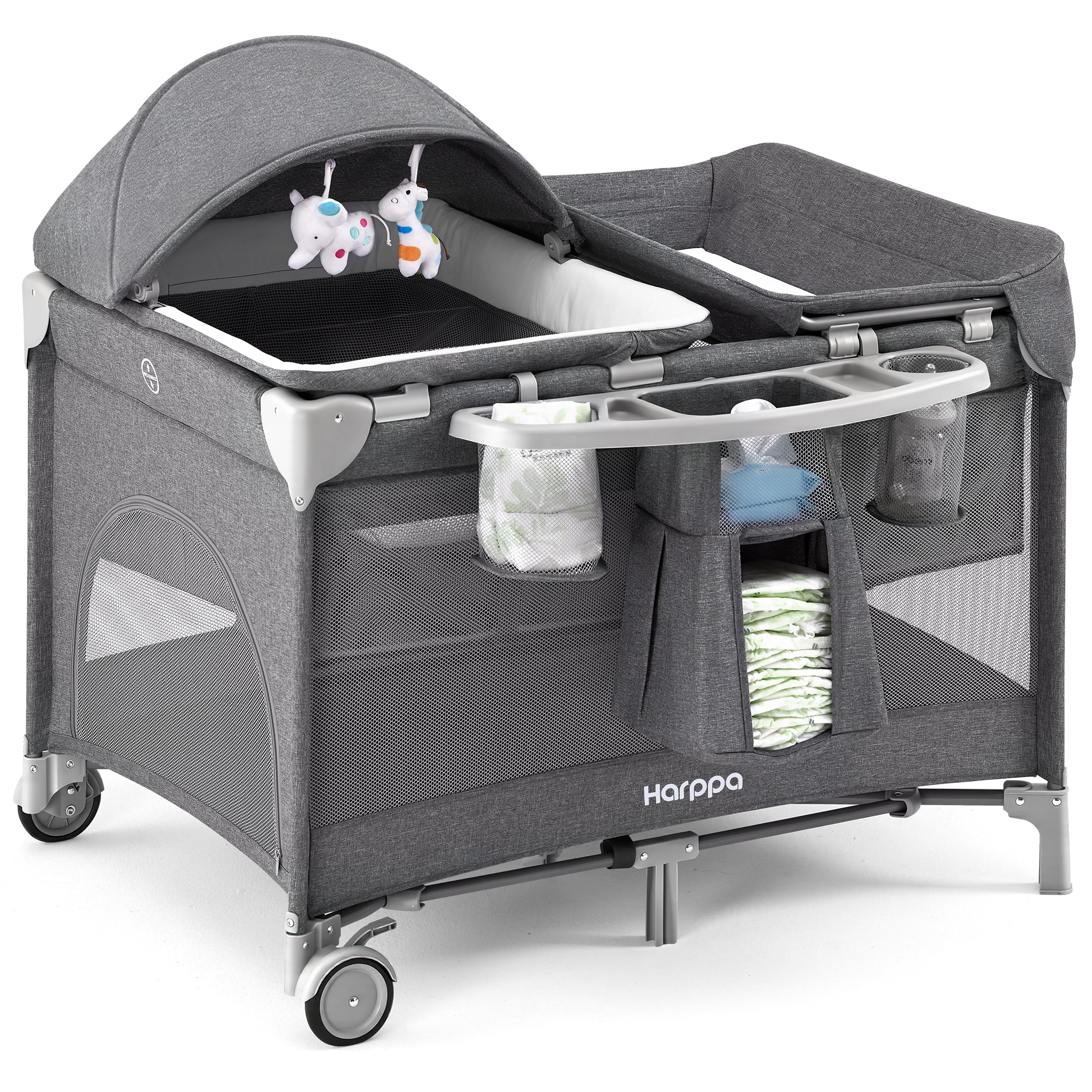 HARPPA 6-in-1 Baby Playard with Bassinet, Changing Table & Storage, Portable Travel Nursery for Newborn