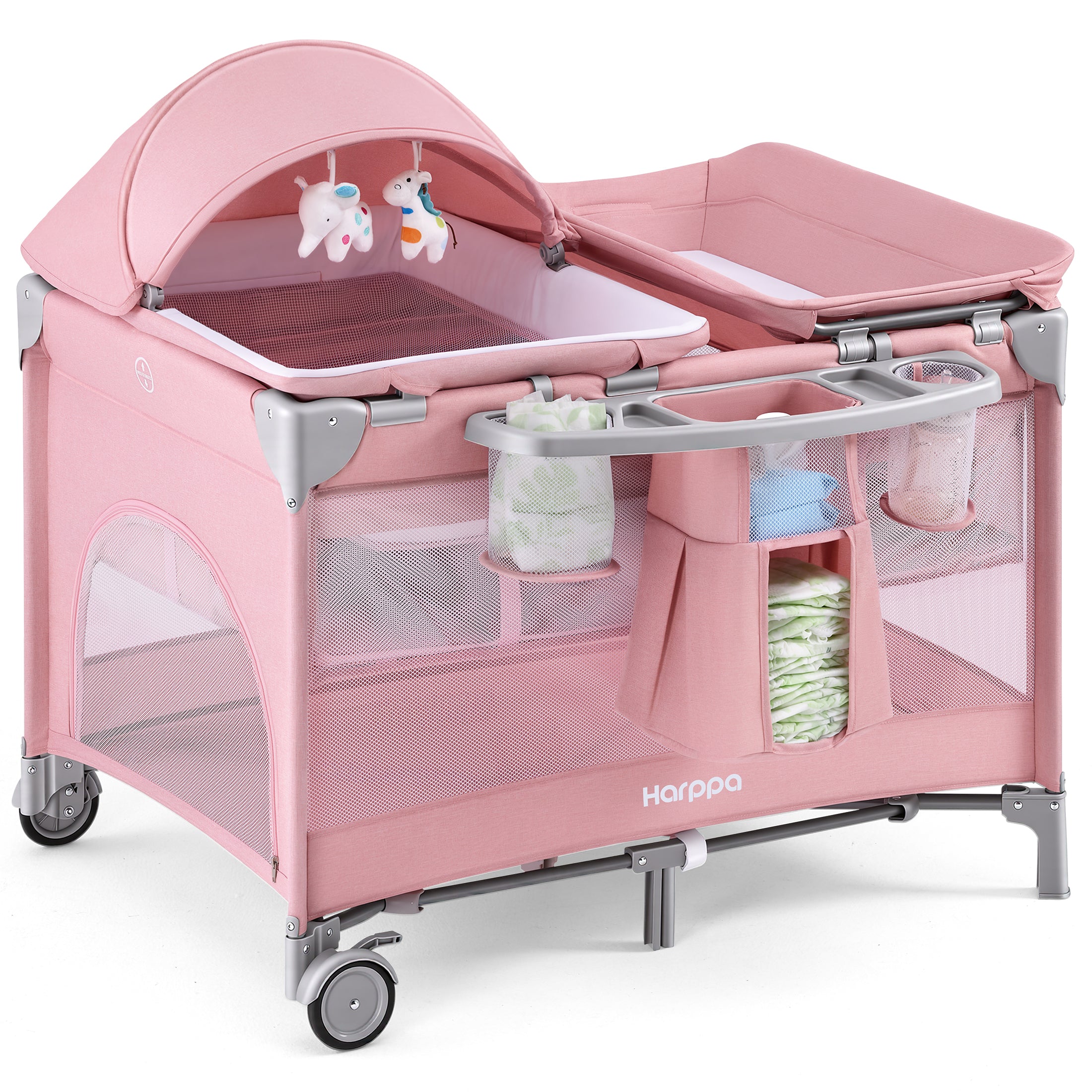 HARPPA 6-in-1 Baby Playard with Bassinet, Changing Table & Storage, Portable Travel Nursery for Newborn