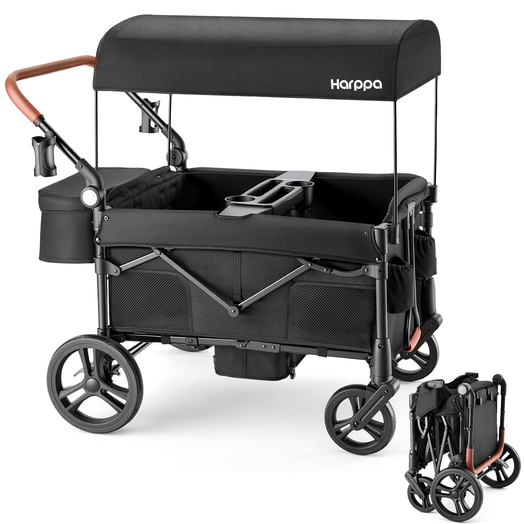 HARPPA Foldable Wagon Stroller for 4 Kids with 5-Point Harness, Canopy