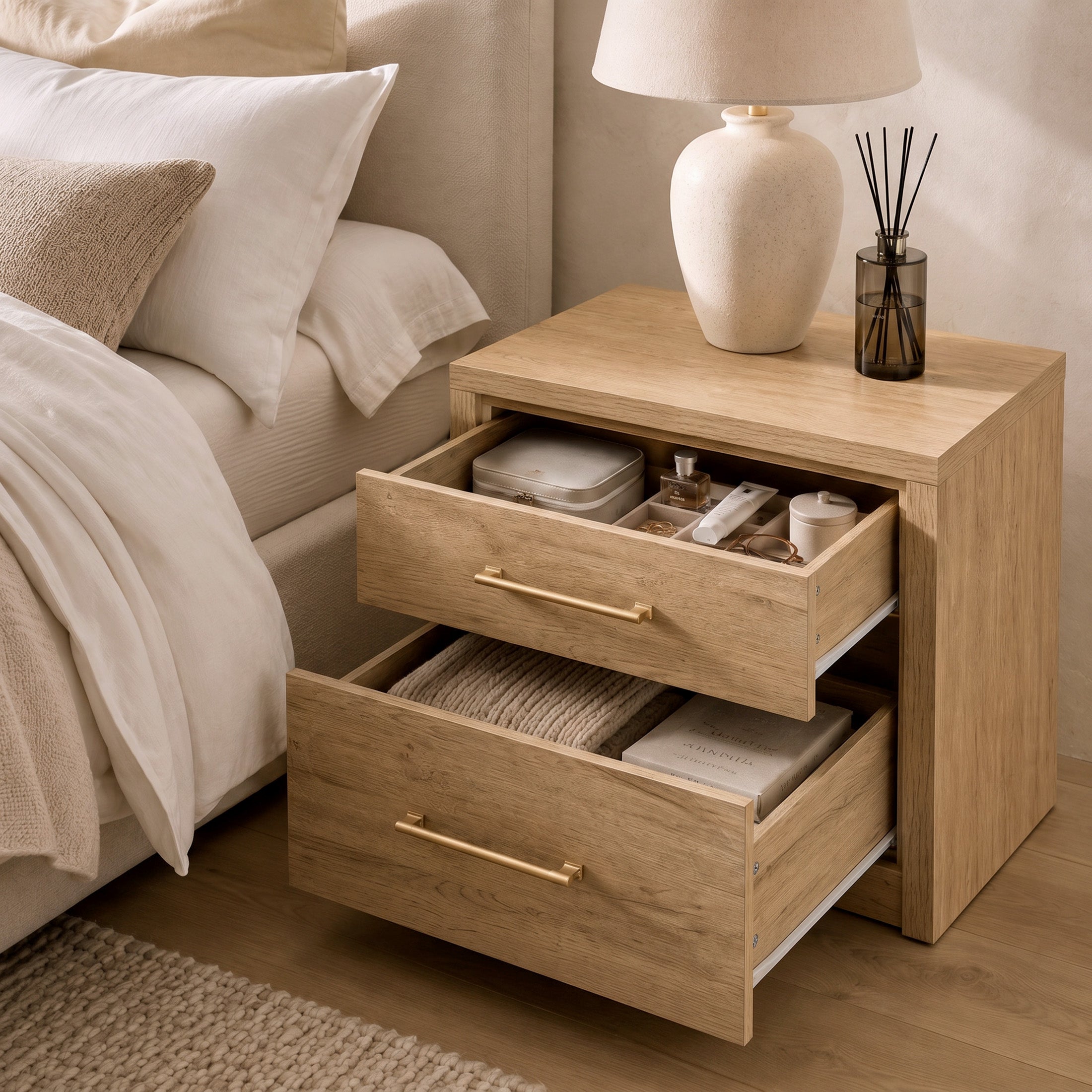 ARKANTOS Nightstand Bedside Table, Wooden Farmhouse Night Stand with 2 Drawers Storage, Boho Night Stands Sofa End Table for Bedroom Living Room, Gold