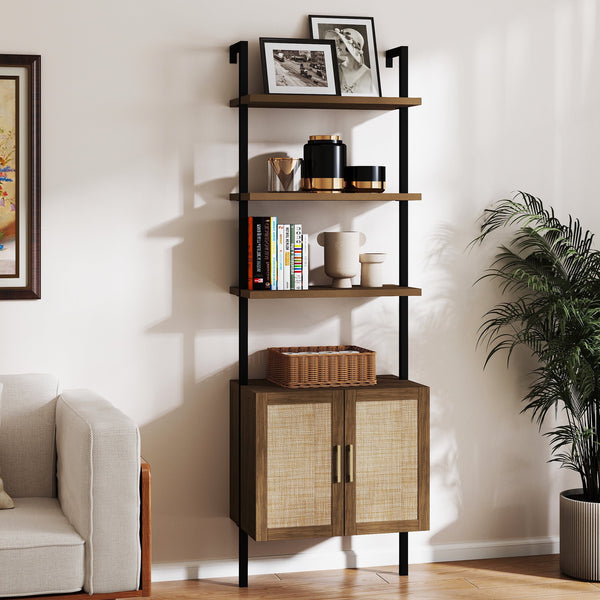 ARKANTOS Ladder Bookshelf 5 Tier Adjustable Shelf Rattan Cabinet Wall Mounted Shelves