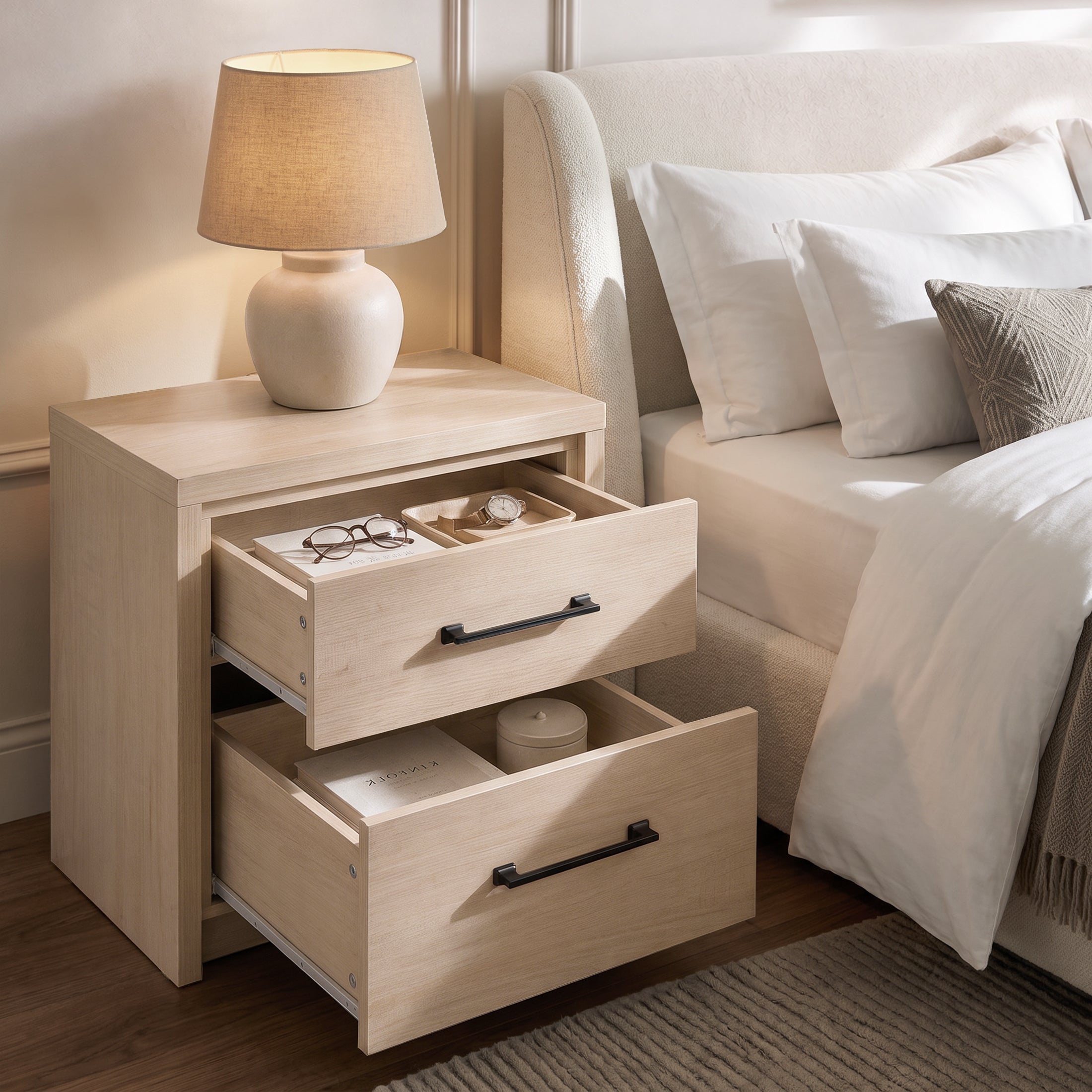 ARKANTOS Nightstand Bedside Table, Wooden Farmhouse Night Stand with 2 Drawers Storage, Boho Night Stands Sofa End Table for Bedroom Living Room, Light Oak