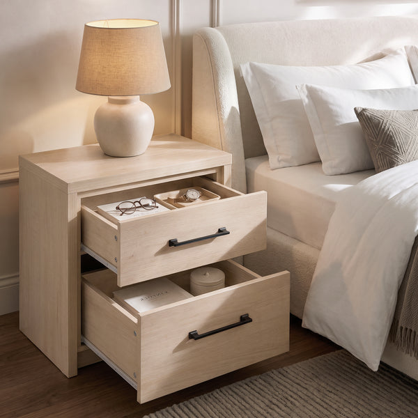 ARKANTOS Nightstand Bedside Table, Wooden Farmhouse Night Stand with 2 Drawers Storage, Boho Night Stands Sofa End Table for Bedroom Living Room, Light Oak