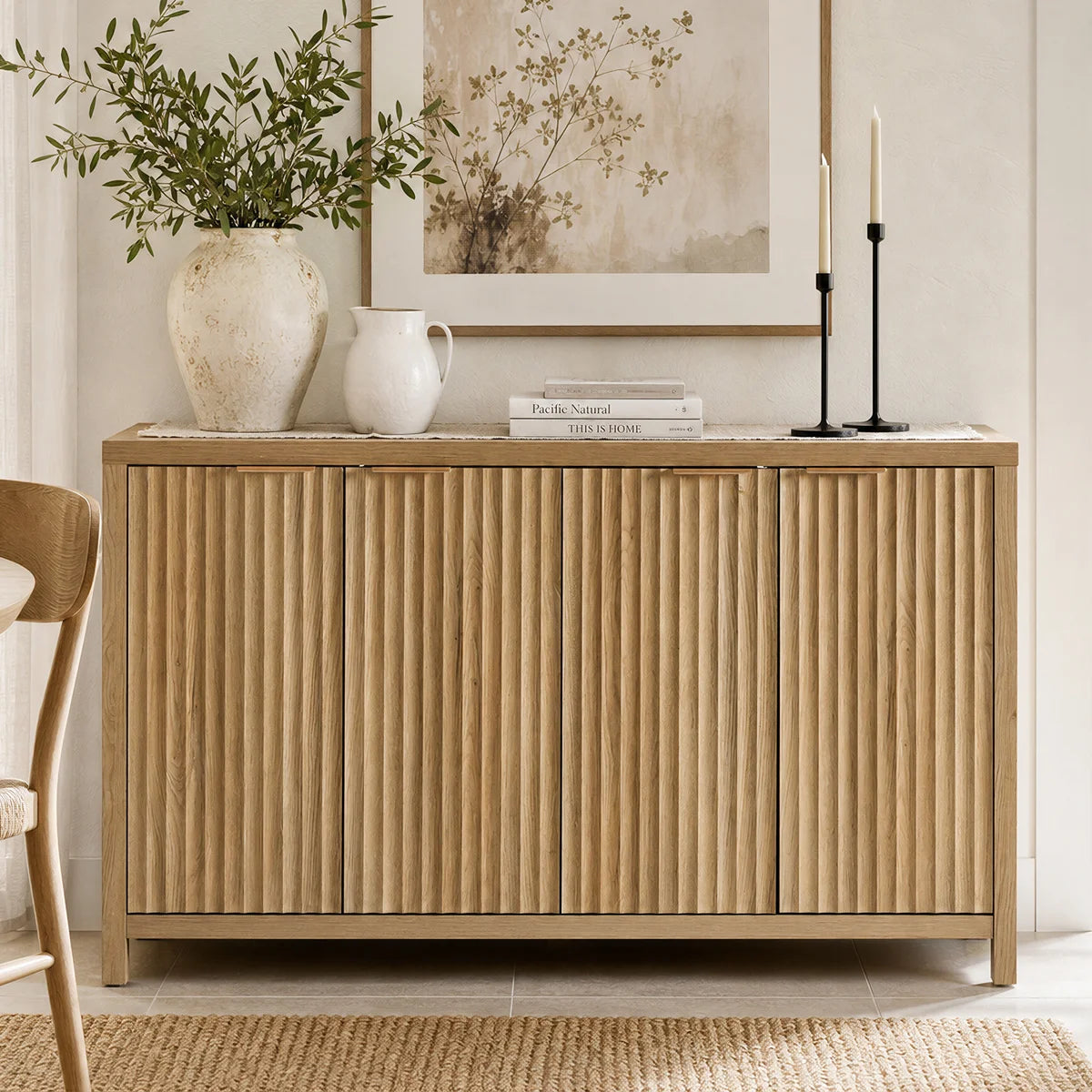 ARKANTOS Fluted Sideboard Buffet Cabinet with 4 Doors, 56