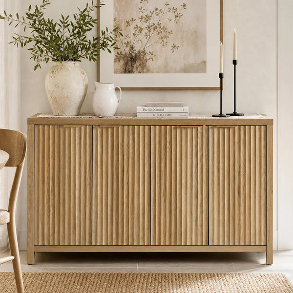 ARKANTOS Fluted Sideboard Buffet Cabinet with 4 Doors, 56" Farmhouse Coffee Bar Cabinet with Adjustable Shelves, Storage Credenza for Living Room Kitchen Hallway, Gold