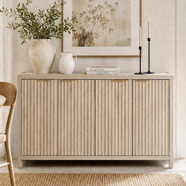 ARKANTOS Fluted Sideboard Buffet Cabinet with 4 Doors, 56" Farmhouse Coffee Bar Cabinet with Adjustable Shelves, Storage Credenza for Living Room Kitchen Hallway, Light Oak