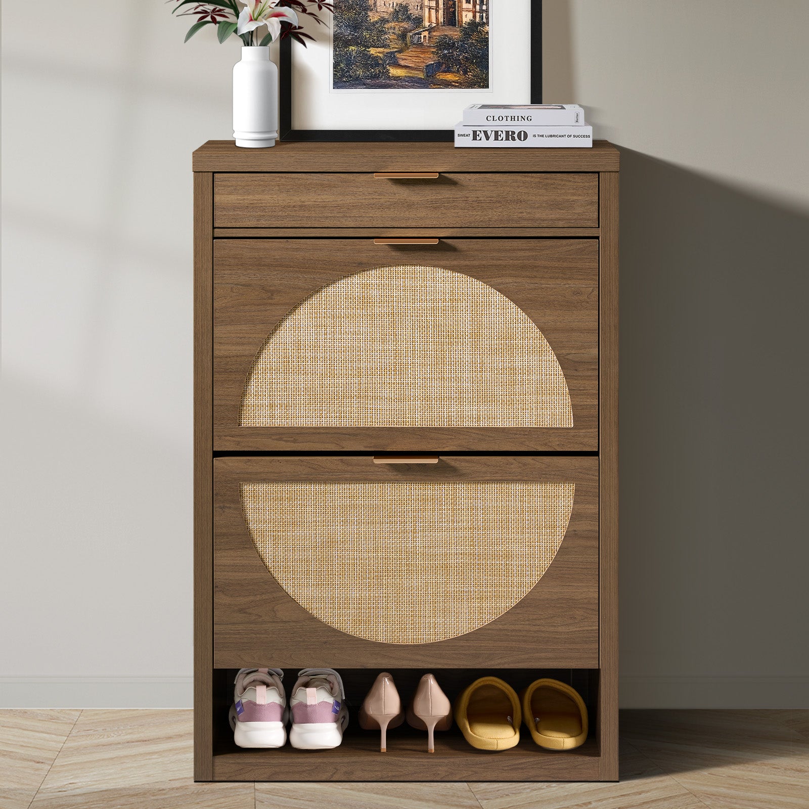ARKANTOS Rattan Shoe Storage Cabinet with 2 Flip Drawers, 4-Tier Entryway Shoe Cabinet, Freestanding Tipping Bucket Shoe Organizer Cabinet for Living Room Bedroom Hallway