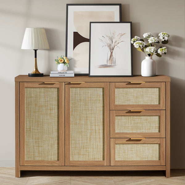 Rattan Sideboard Buffet Cabinet with 2 Doors and 3 Drawers