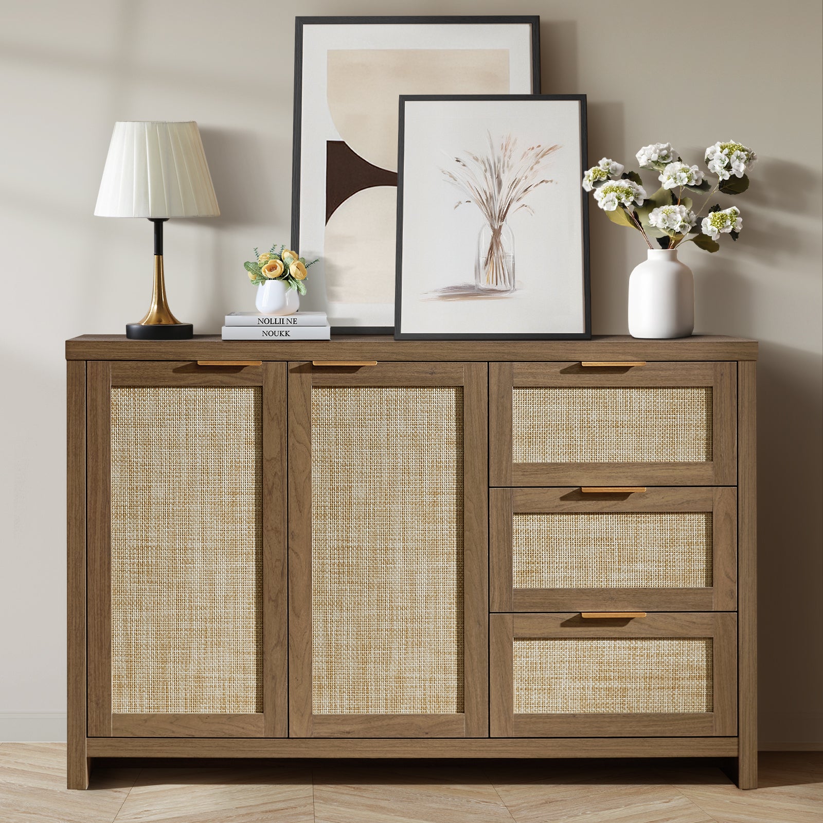 Rattan Sideboard Buffet Cabinet with 2 Doors and 3 Drawers