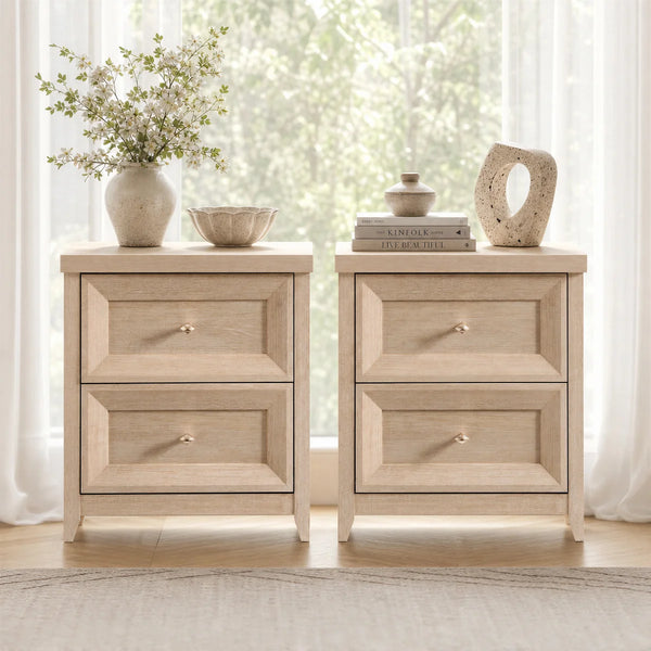 ARKANTOS 25" Farmhouse Nightstand Set of 2, Sofa End Table with Metal Handle 2 Drawers, Natural Wood Night Stand Bedside Table for Bedroom Living Room, Oak