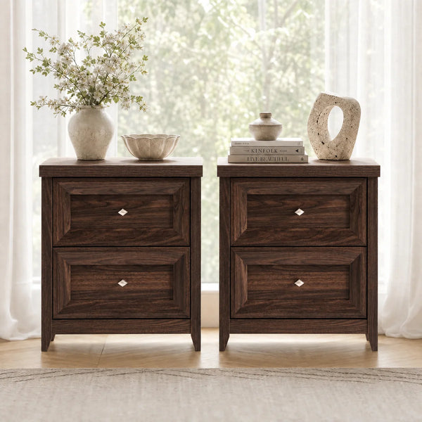 ARKANTOS 25" Farmhouse Nightstand Set of 2, Sofa End Table with Metal Handle 2 Drawers, Natural Wood Night Stand Bedside Table for Bedroom Living Room, Walnut