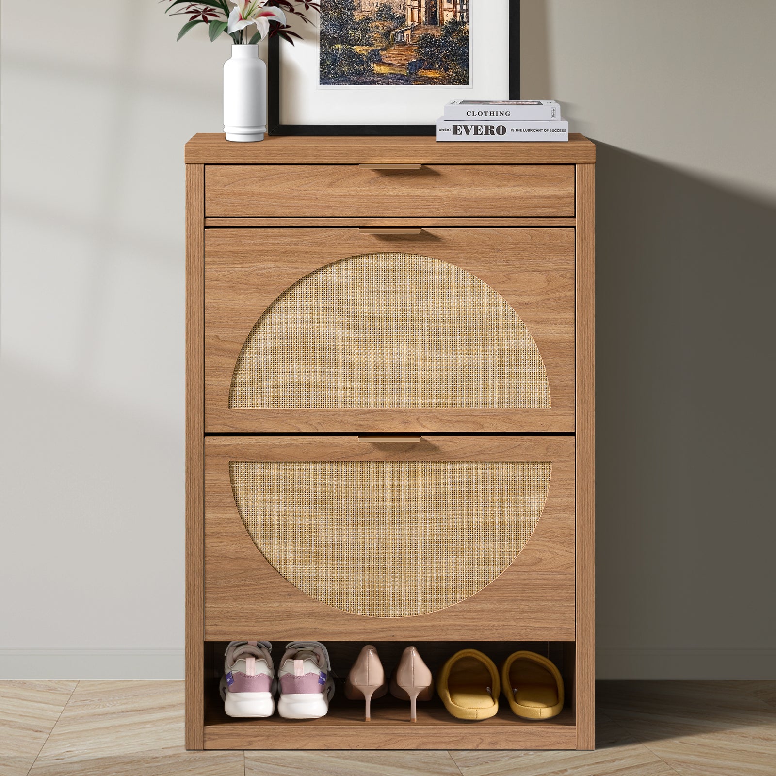 ARKANTOS Rattan Shoe Storage Cabinet with 2 Flip Drawers, 4-Tier Entryway Shoe Cabinet, Freestanding Tipping Bucket Shoe Organizer Cabinet for Living Room Bedroom Hallway