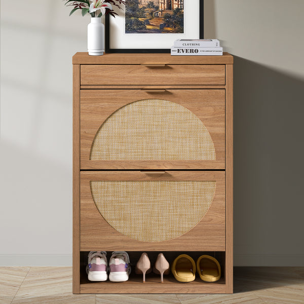 ARKANTOS Rattan Shoe Storage Cabinet with 2 Flip Drawers, 4-Tier Entryway Shoe Cabinet, Freestanding Tipping Bucket Shoe Organizer Cabinet for Living Room Bedroom Hallway