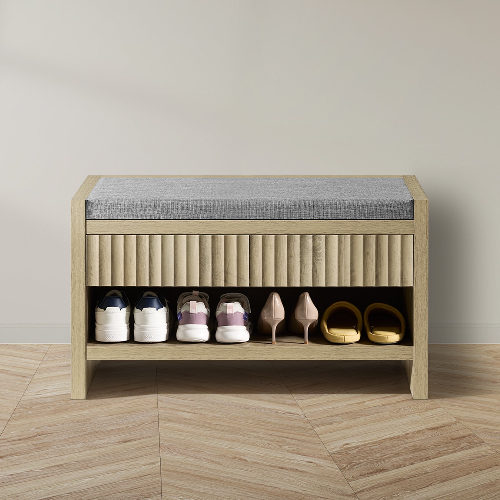 ARKANTOS Fluted Shoe Benches for Entryway with Storage Cushion and 2 Drawers