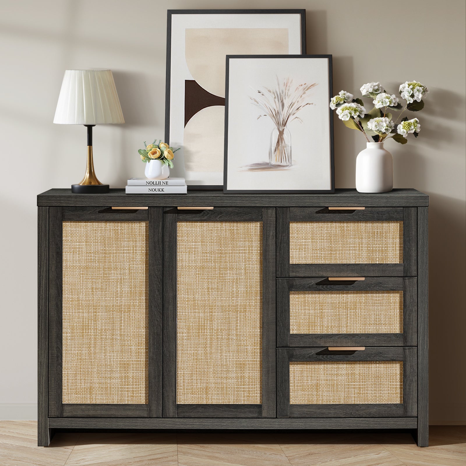Rattan Sideboard Buffet Cabinet with 2 Doors and 3 Drawers
