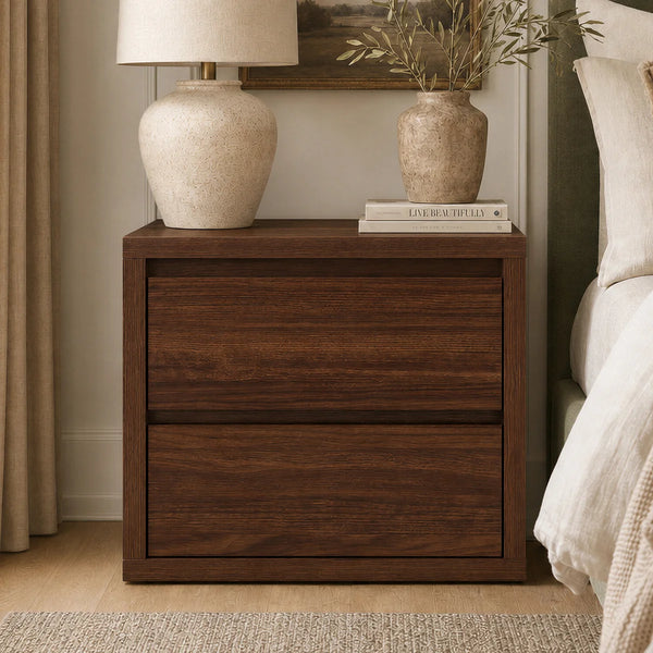 ARKANTOS 27" Modern Nightstand Set of 2, Wide Solid Wood Bedside Table Night Stand with 2 Drawers, Sofa Side End Table for Bedroom Living Room, Walnut
