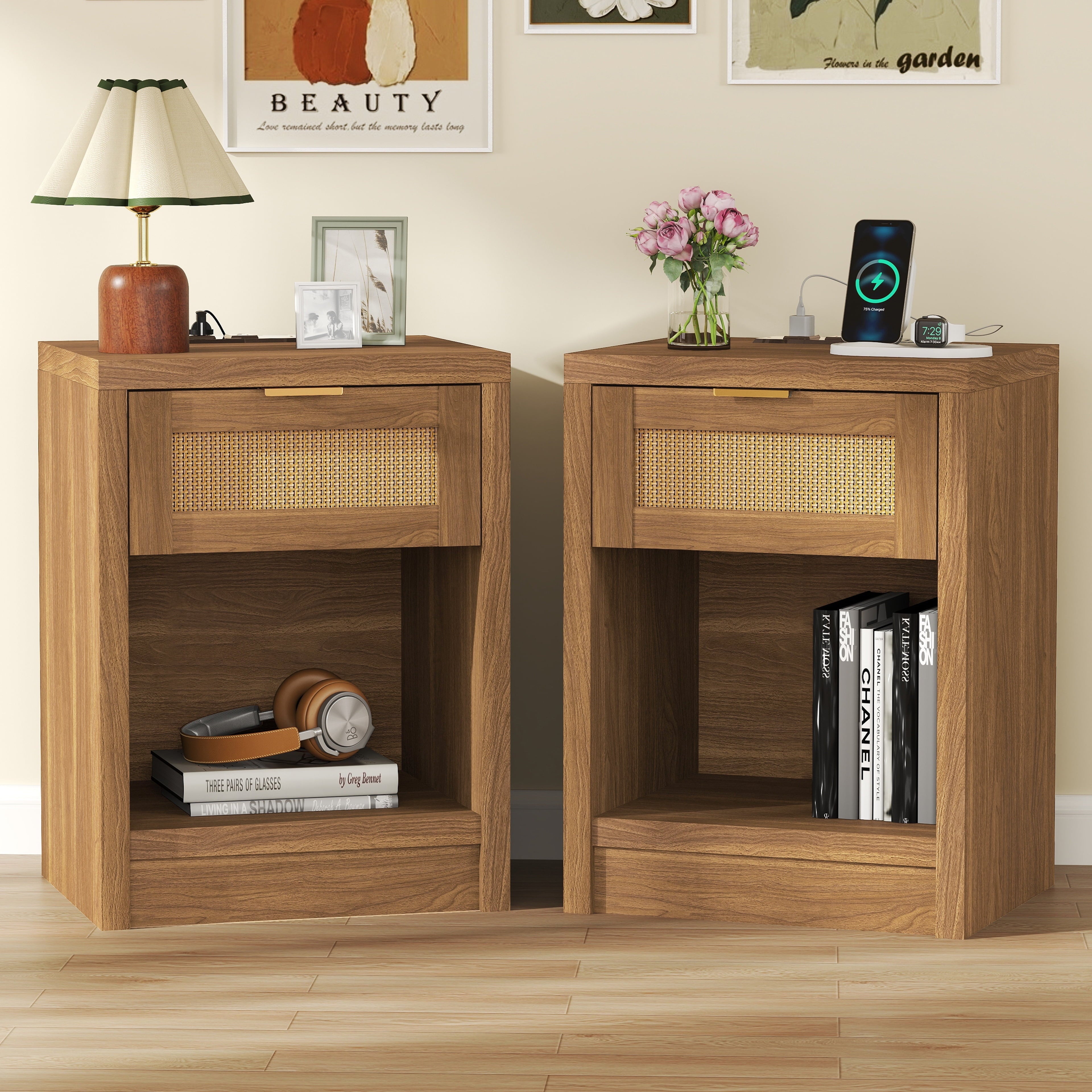 ARKANTOS Rattan Nightstand with Charging Station Bedside Table with Drawers