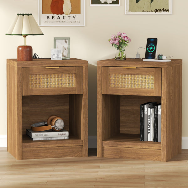 ARKANTOS Rattan Nightstand with Charging Station Bedside Table with Drawers