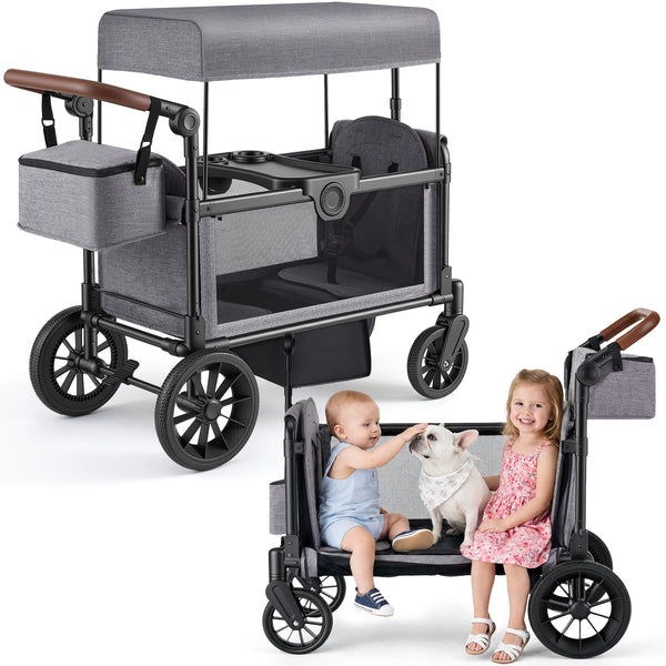 HARPPA Foldable Stroller Wagon for 2 Kids, Kids Wagon with Canopy, 5-Point Harness, Bench Seat