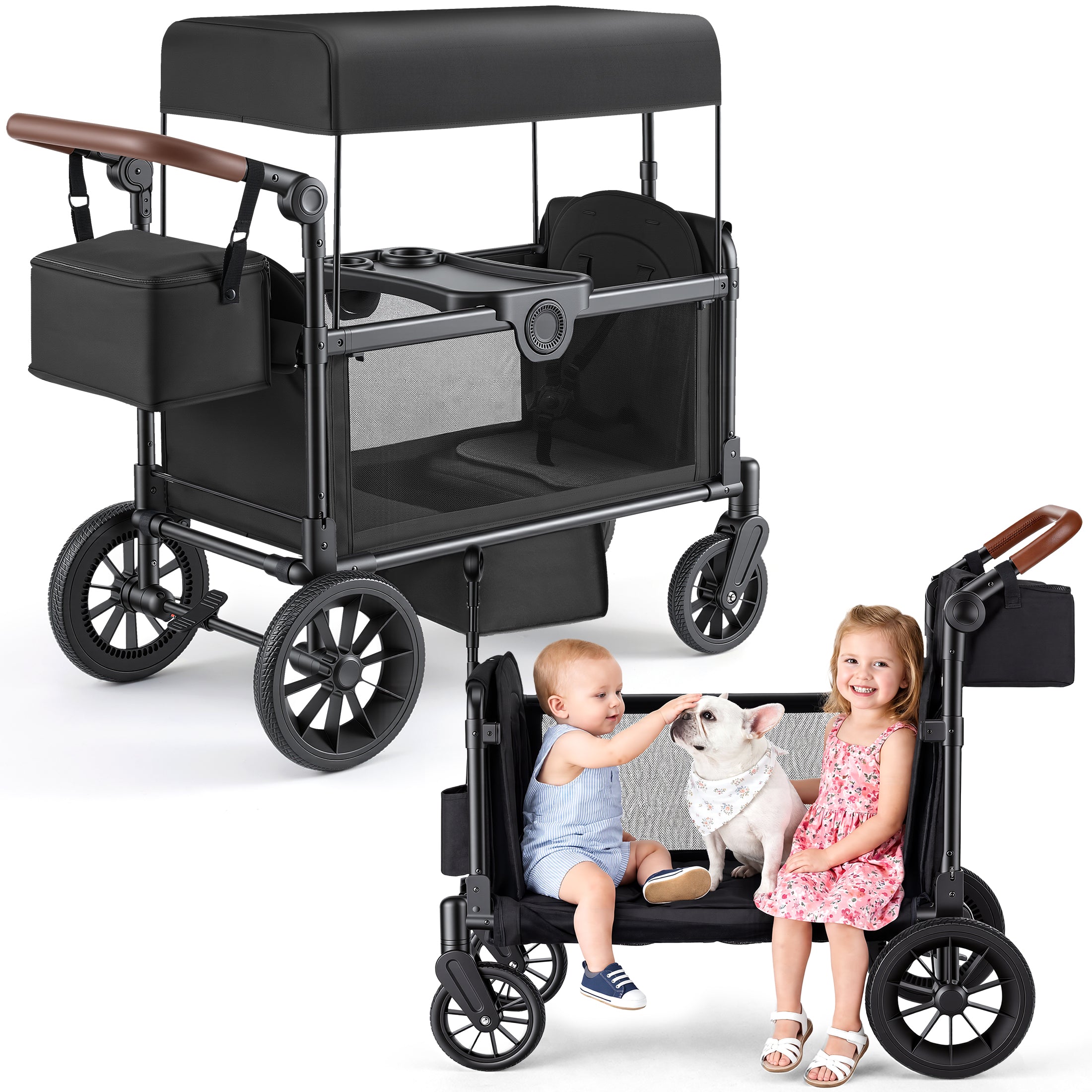 HARPPA Foldable Stroller Wagon for 2 Kids, Kids Wagon with Canopy, 5-Point Harness, Bench Seat