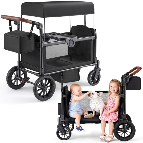 HARPPA Foldable Stroller Wagon for 2 Kids, Kids Wagon with Canopy, 5-Point Harness, Bench Seat