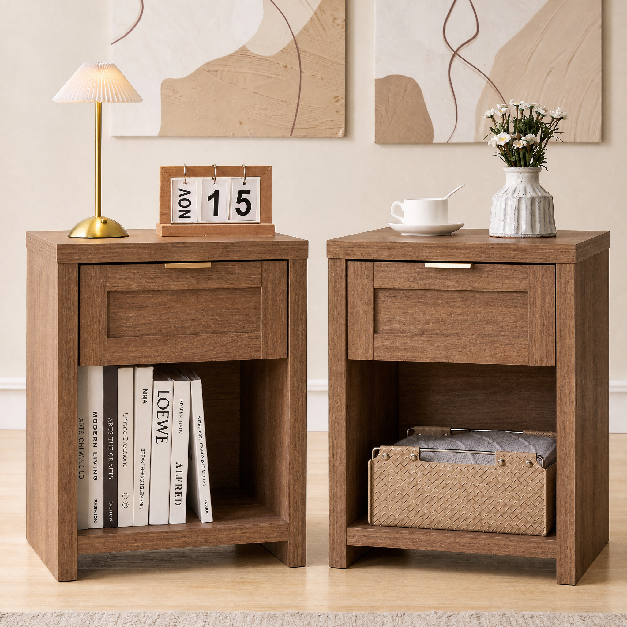 ARKANTOS Large Nightstand Set of 2, Farmhouse Style Bedside Tables, for Bedroom and Living Room, Drawers Classic Walnut