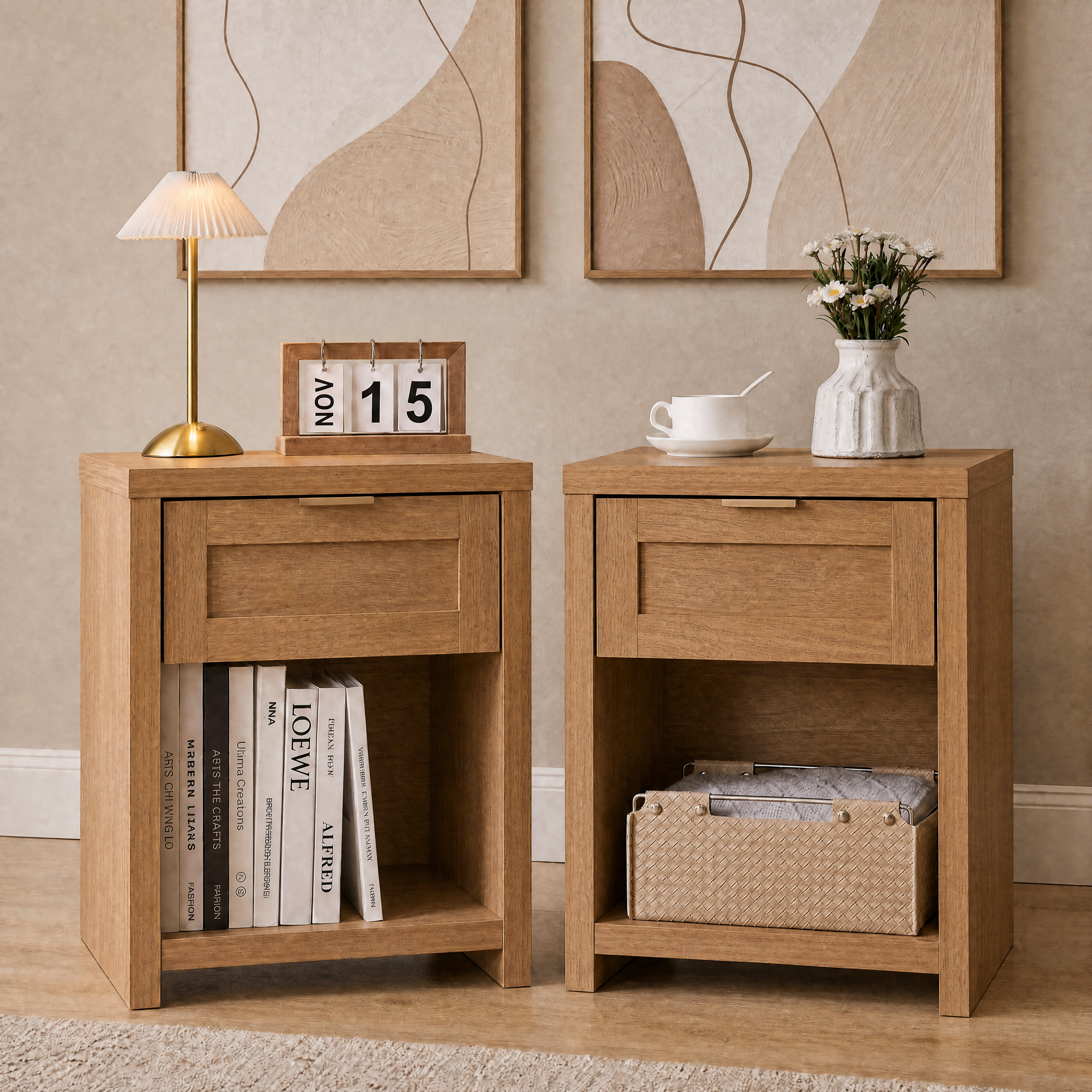 ARKANTOS Large Nightstand Set of 2, Farmhouse Style Bedside Tables, for Bedroom and Living Room, Natural Oak