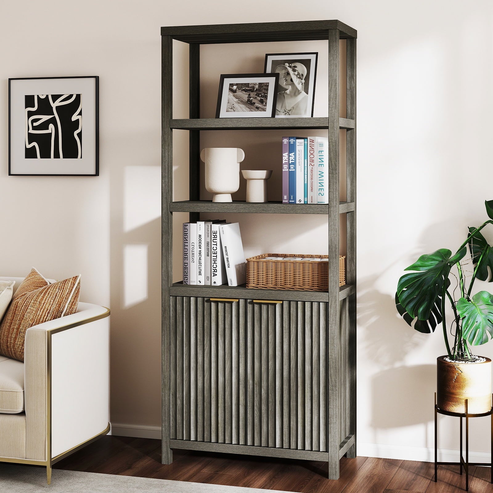 ARKANTOS Fluted Bookshelf with Doors Adjustable Shelf and Storage Cabinet