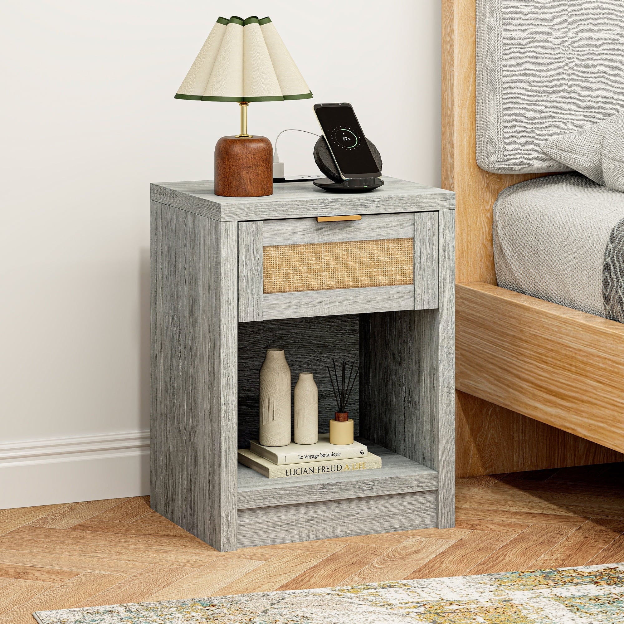 ARKANTOS Rattan Nightstand with Charging Station Bedside Table with Drawers