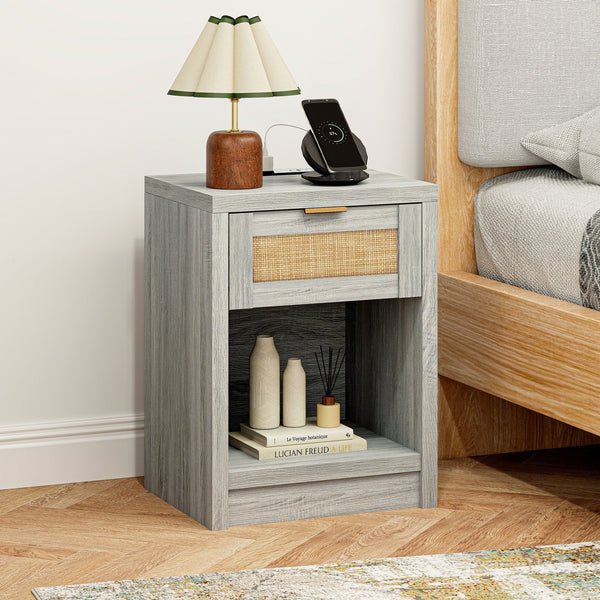 ARKANTOS Rattan Nightstand with Charging Station Bedside Table with Drawers
