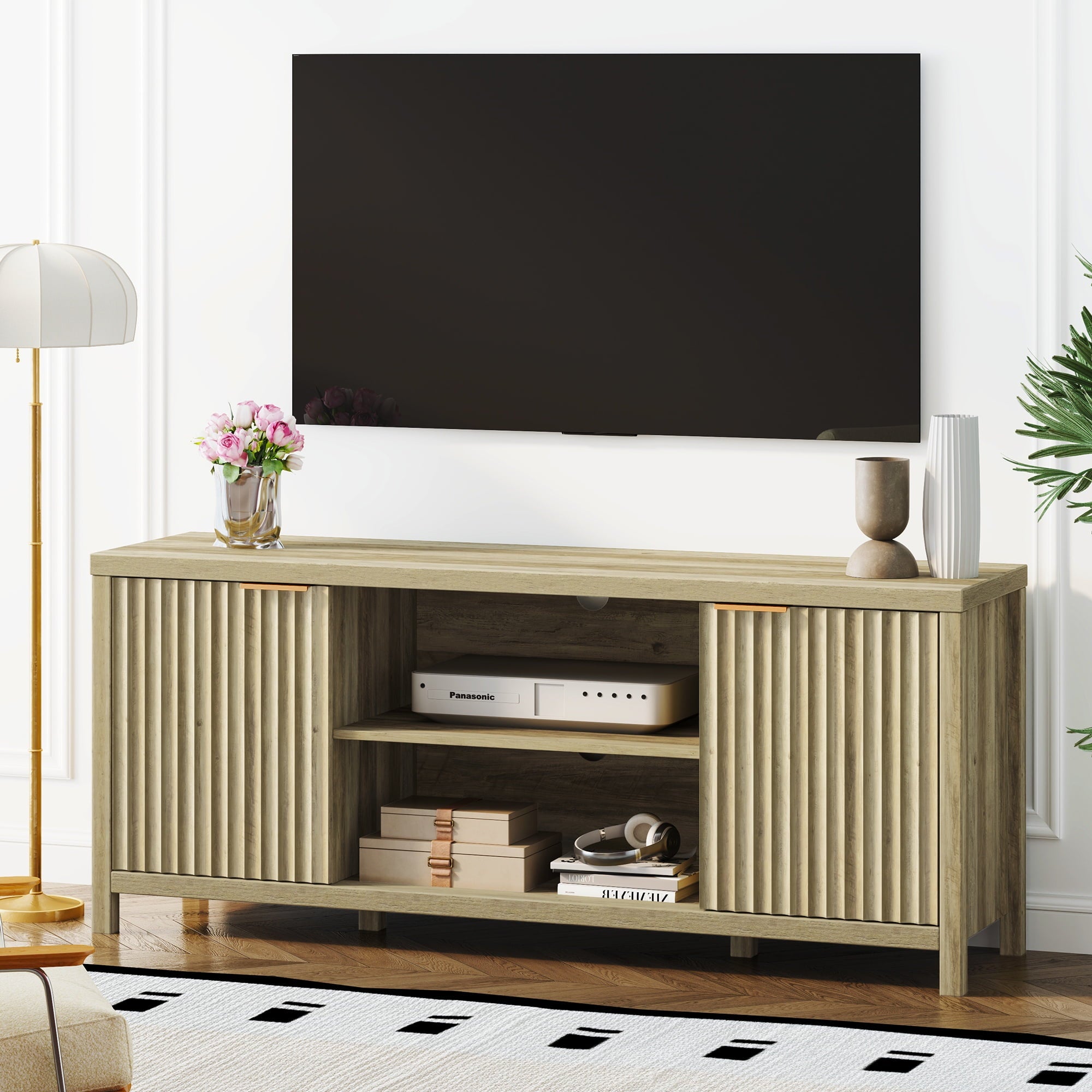 ARKANTOS Wood TV Stand for TVs up to 65 inch, Wave Pattern Doors Media Console, Mid-Century Modern Storage Cabinet