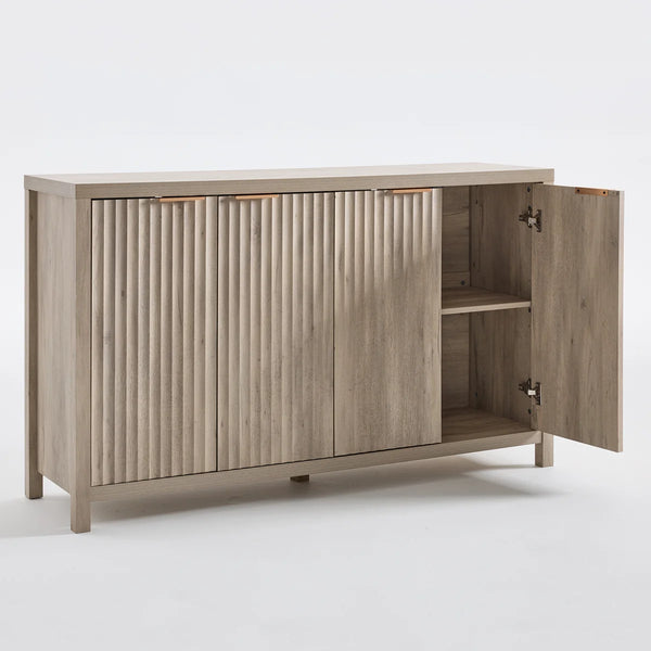 ARKANTOS Fluted Sideboard Buffet Cabinet with 4 Doors, 56" Farmhouse Coffee Bar Cabinet with Adjustable Shelves, Storage Credenza for Living Room Kitchen Hallway, Light Oak