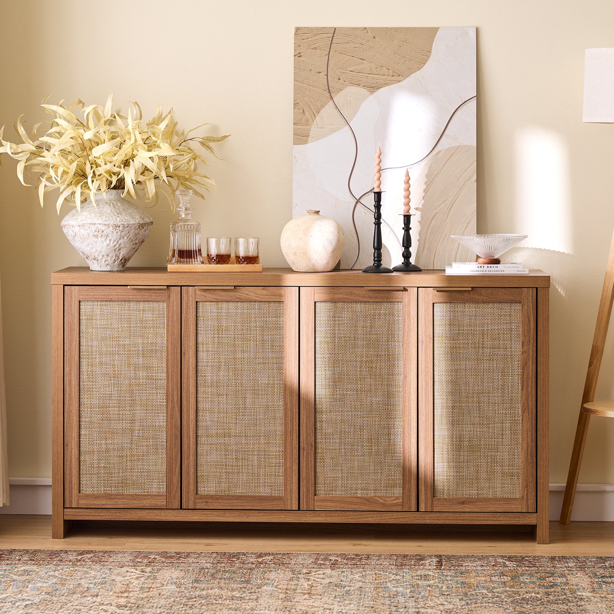 ARKANTOS Sideboard Buffet Cabinet, Rattan Cabinet with Adjustable Shelves, Boho Buffet Table Console Cabinets with 4 Doors, Farmhouse Cabinet for Entryway Living Room