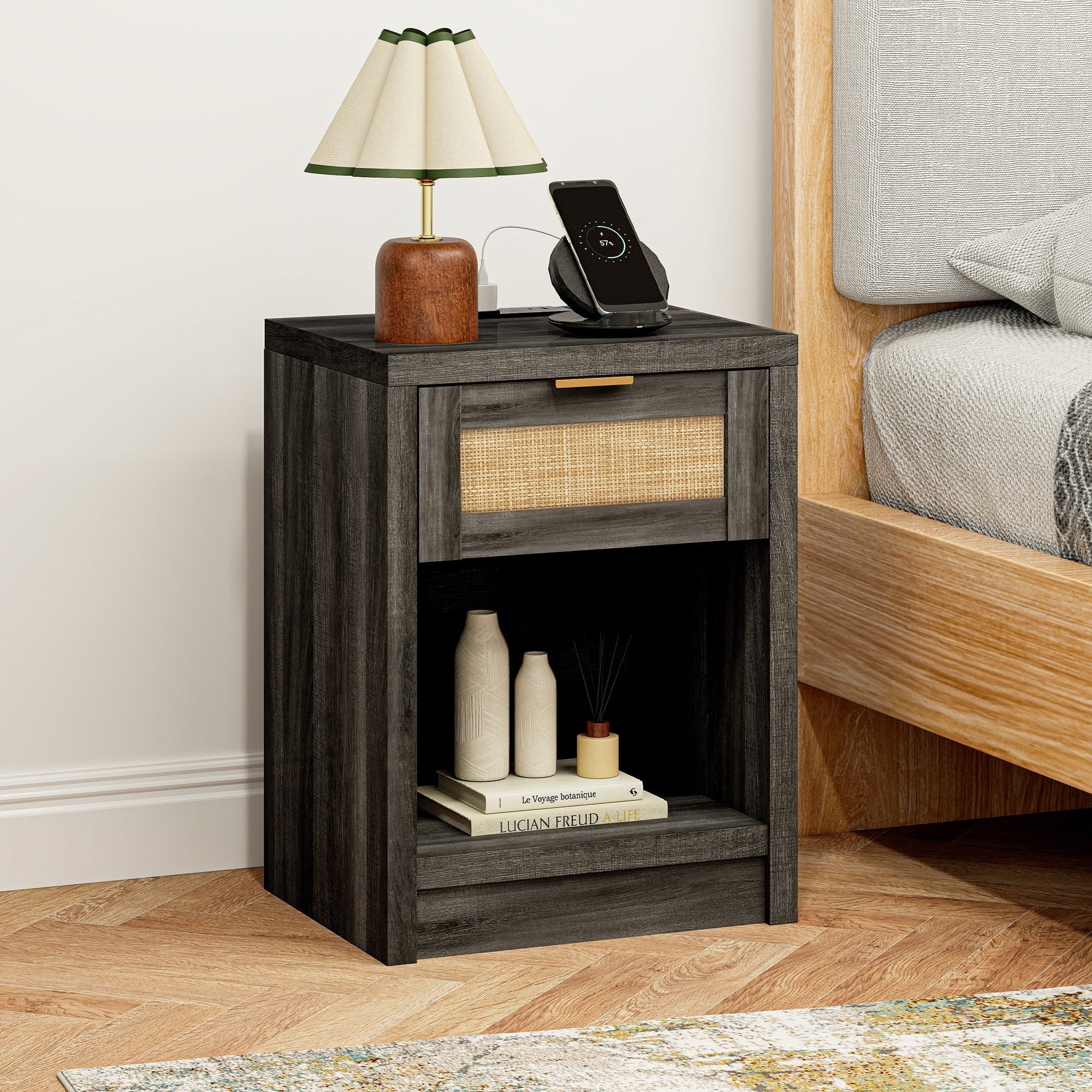 ARKANTOS Rattan Nightstand with Charging Station Bedside Table with Drawers