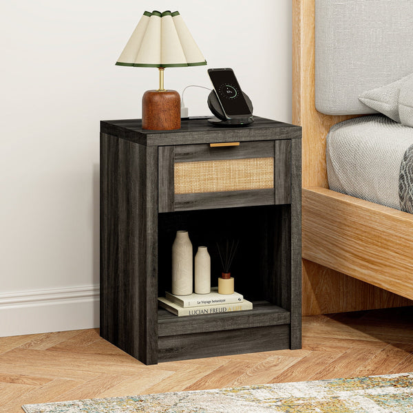 ARKANTOS Rattan Nightstand with Charging Station Bedside Table with Drawers