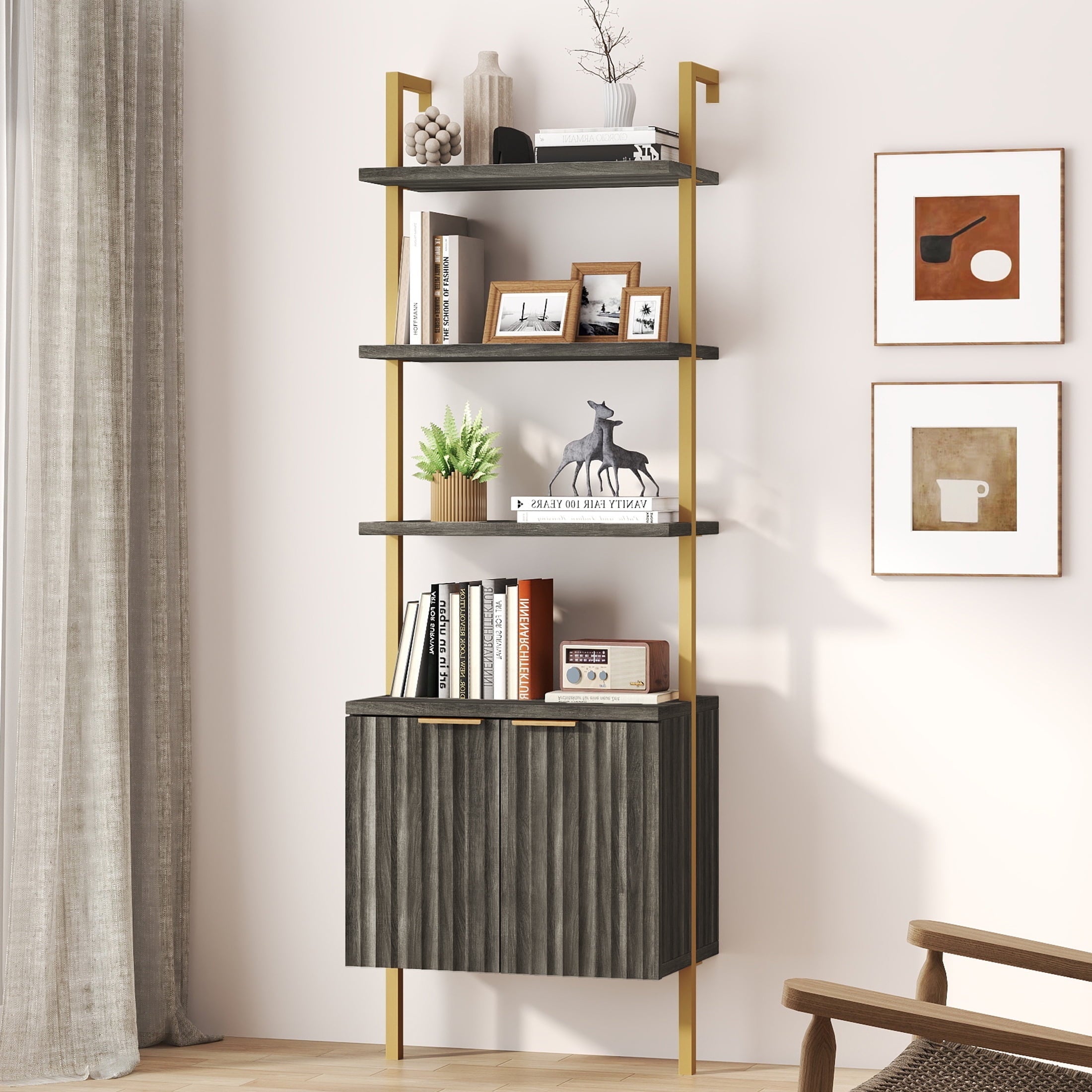 ARKANTOS 5-Tier Ladder Shelf Bookshelf, Wall-Mounted Bookcase with Fluted Cabinet