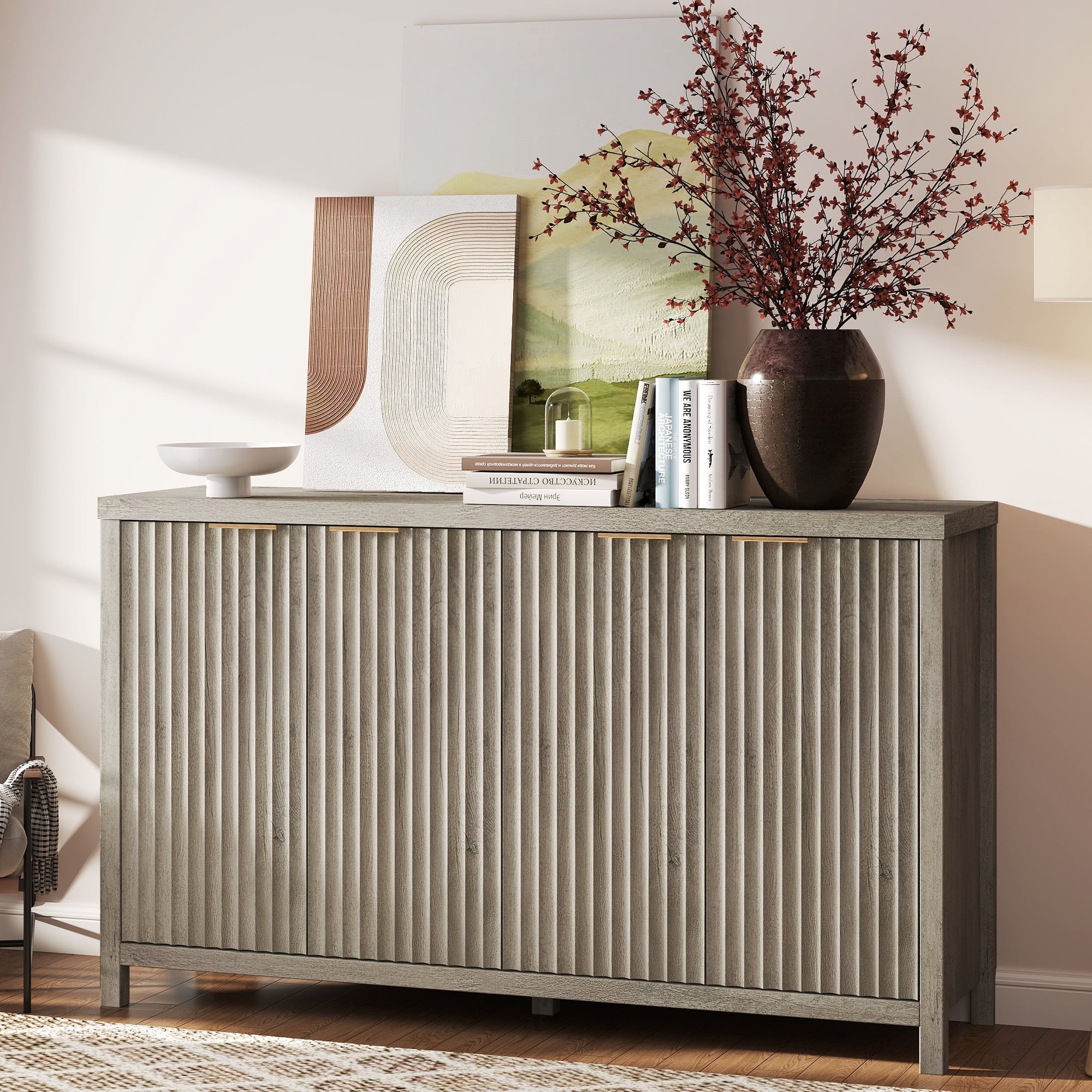 ARKANTOS 4-Door Sideboard Buffet Cabinet with Adjustable Shelves, Wave-pattern Panel, Coastal Oak