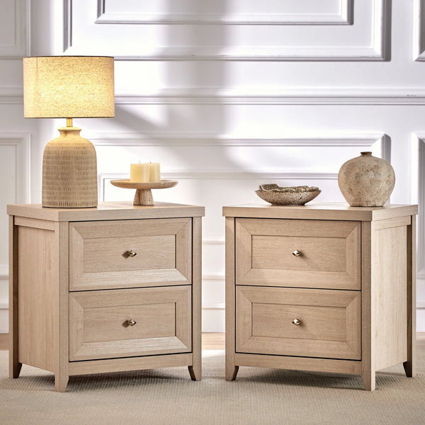 ARKANTOS 25" Farmhouse Nightstand Set of 2, Sofa End Table with Metal Handle 2 Drawers, Natural Wood Night Stand Bedside Table for Bedroom Living Room, Oak