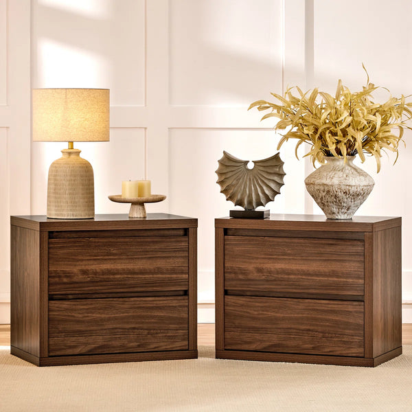 ARKANTOS 27" Modern Nightstand Set of 2, Wide Solid Wood Bedside Table Night Stand with 2 Drawers, Sofa Side End Table for Bedroom Living Room, Walnut