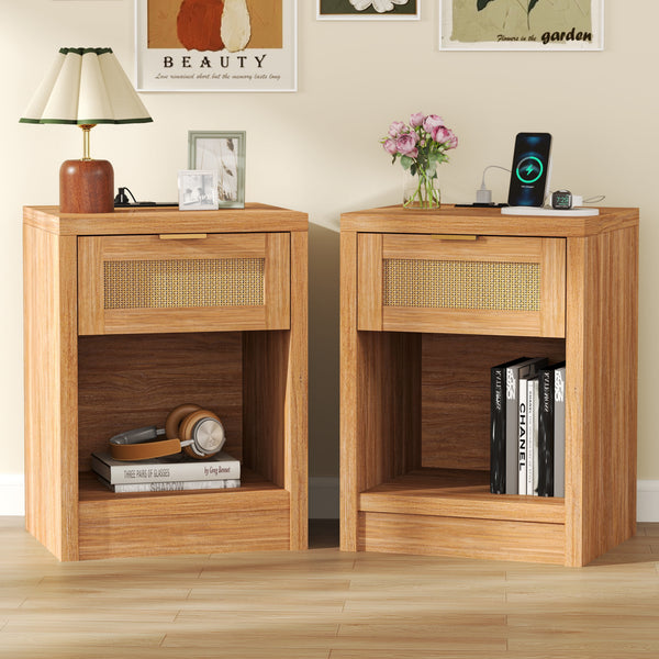 ARKANTOS Rattan Nightstand with Charging Station Bedside Table with Drawers