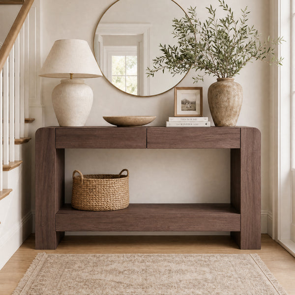 ARKANTOS 63" Farmhouse Console Table with 2 Drawers, Wooden Entryway Table with Open Storage Shelf, Long Narrow Sofa Table for Living Room, Hallway，Brown