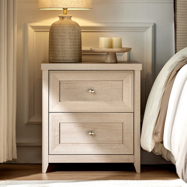 ARKANTOS 25" Farmhouse Nightstand with 2 Drawers, Sofa End Table with Metal Handle, Natural Wood Night Stand Bedside Table for Bedroom Living Room, Oak