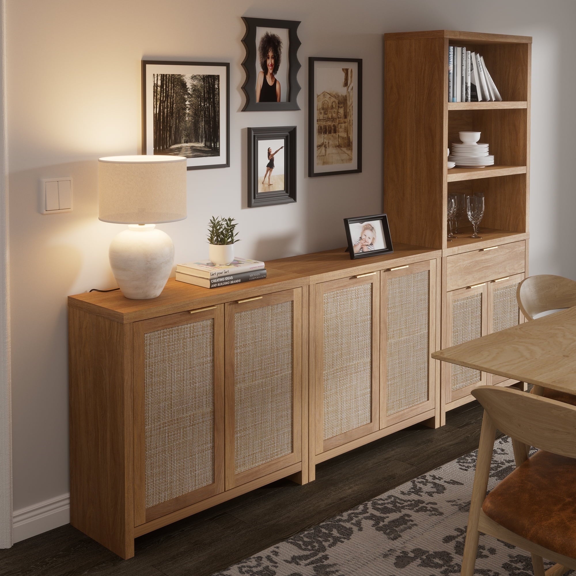 ARKANTOS Rattan Sideboard Buffet Cabinet, Farmhouse Storage Cabinet with Doors