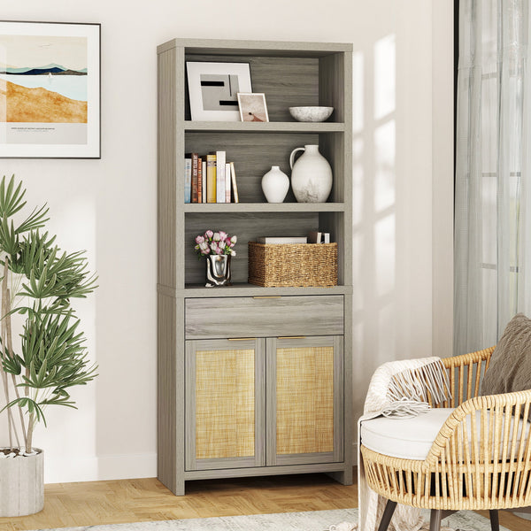 ARKANTOS Rattan 5 Shelf Bookcase with Doors Adjustable Shelf and Storage Cabinet