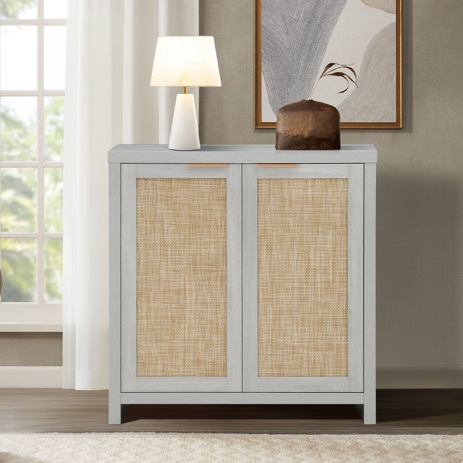 ARKANTOS Rattan Sideboard Buffet Cabinet, Farmhouse Storage Cabinet with Doors