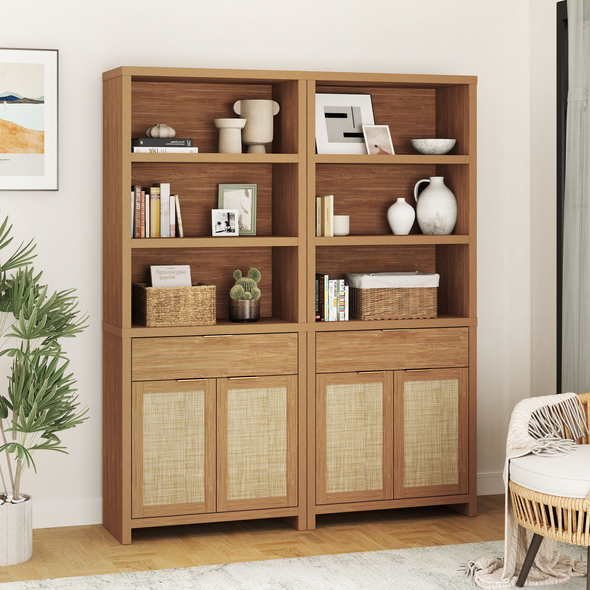 ARKANTOS Rattan 5 Shelf Bookcase with Doors Adjustable Shelf and Storage Cabinet