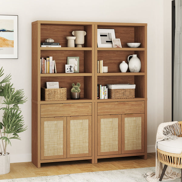 ARKANTOS Rattan 5 Shelf Bookcase with Doors Adjustable Shelf and Storage Cabinet
