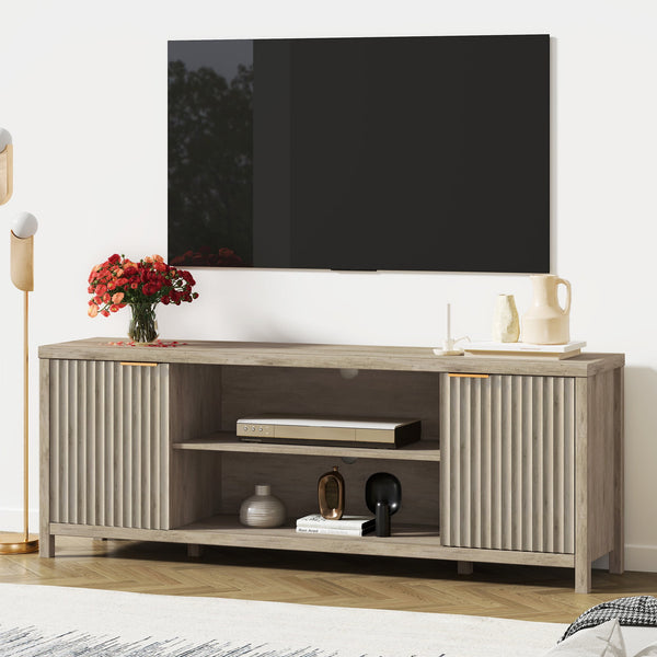 ARKANTOS Mid-Century Modern TV Stand for TVs up to 75 inch, Wave Pattern Doors and Open Shelves