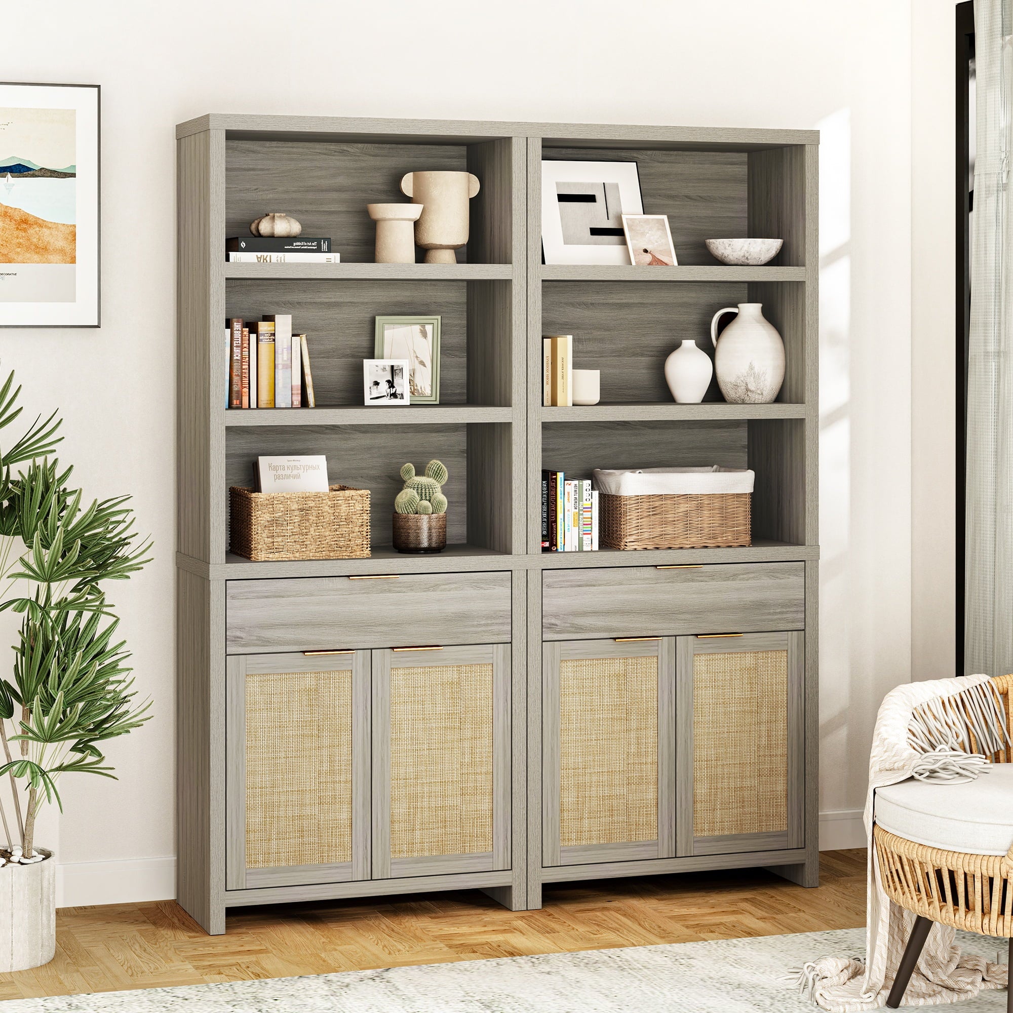 ARKANTOS Rattan 5 Shelf Bookcase with Doors Adjustable Shelf and Storage Cabinet